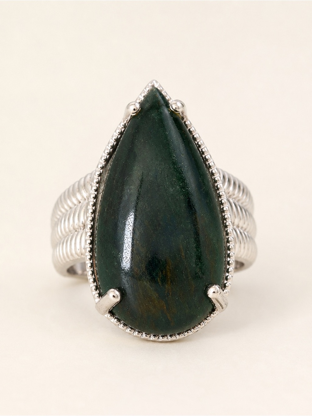 Green Aventurine Teardrop Ring Platinum Bond Brass Size 10 Tribal Statement Ring